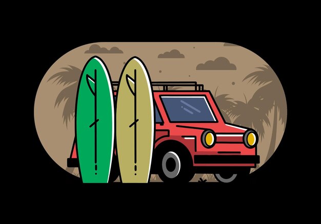 Illustratie van kleine auto en twee surfplanken