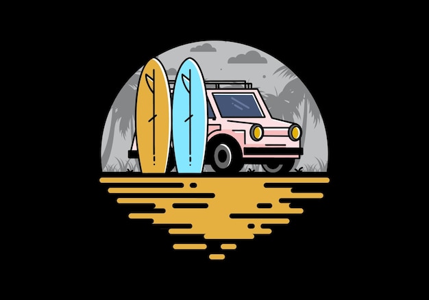 Illustratie van kleine auto en twee surfplanken