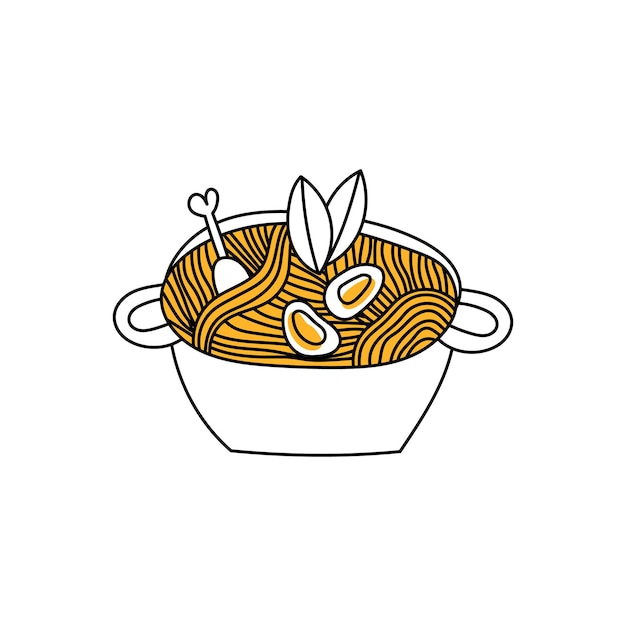 Illustratie van koreaanse ramen in een pot noedels met ei kip nori bladeren in een kom doodle asian food