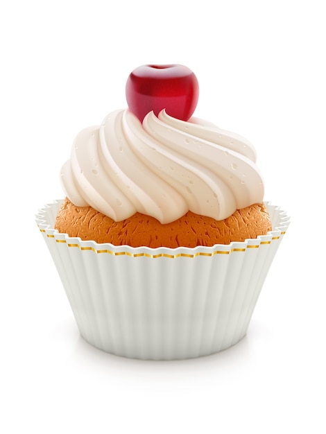 illustratie van lekkere cupcake gegarneerd met rijpe rode kersen.