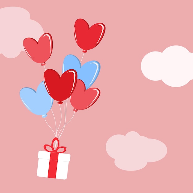 Illustratie van liefde en Valentijnsdag, hartvormige ballonnen met geschenkdoos zwevend in de lucht. Papierkunst en digitale ambachtelijke stijl.