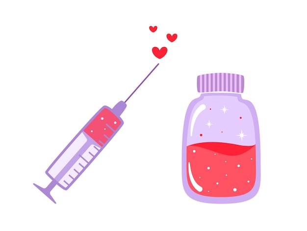 Vector illustratie van liefdesvaccin voor valentijnsdag in cartoon stijl geïsoleerd. vaccinatiesymbool tijdens een epidemie.