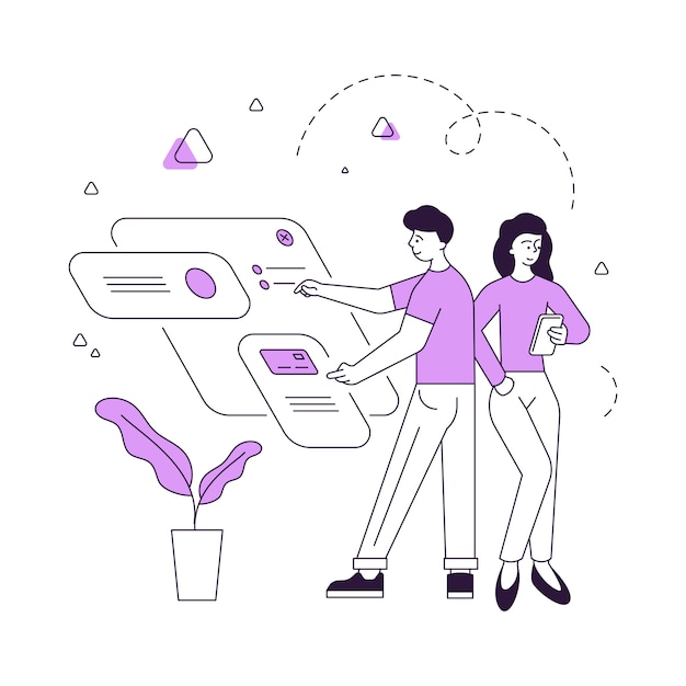 illustratie van lineaire man en vrouw verschillende instelling op rekening in moderne app aanpassen tijdens het samen gebruik van hedendaagse smartphone