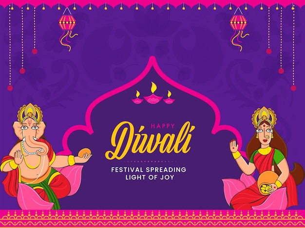 Illustratie van Lord Ganesha en godin Lakshmi op lotusbloem voor Happy Diwali Celebration Concept.