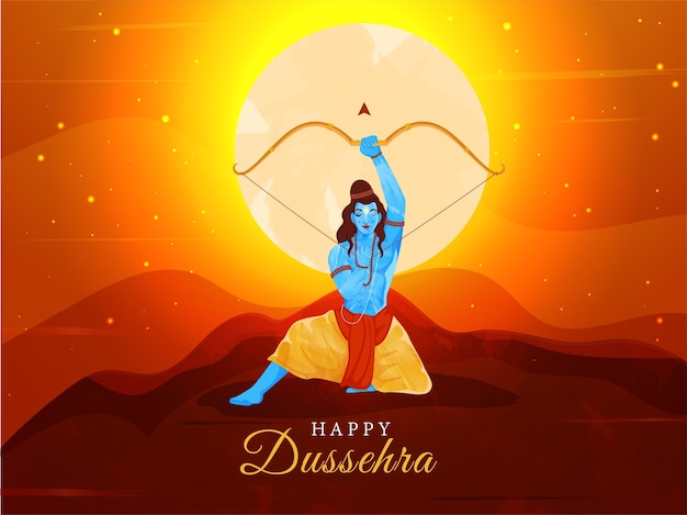 Illustratie van lord rama holding bow arrow in sitting pose op sunrise achtergrond voor happy dussehra.