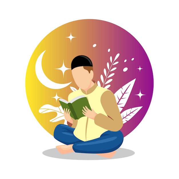 Vector illustratie van man en vrouw die de heilige koran bestuderen en lezen in hun dagelijkse bezigheden