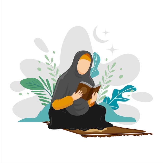 Illustratie van man en vrouw die de heilige koran bestuderen en lezen in hun dagelijkse bezigheden