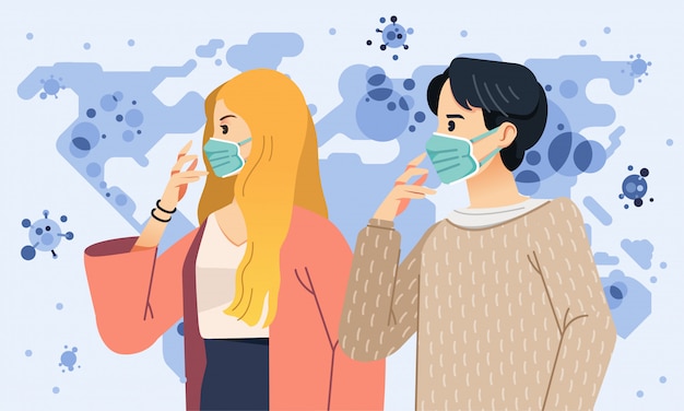 Vector illustratie van man en vrouw die een masker dragen als een bewustzijn van het verspreiden van coronavirus over de hele wereld