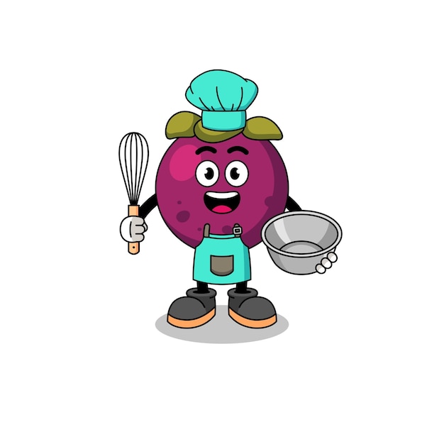 Illustratie van mangosteen als personageontwerp van een bakkerijchef