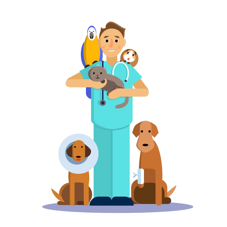 Vector illustratie van mannelijke dierenarts met schattig huisdier, hond, kat, cavia en papegaai.