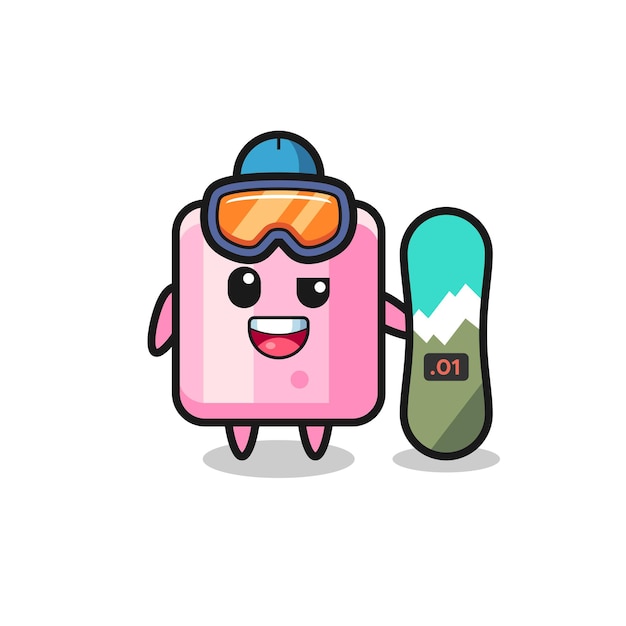 Illustratie van marshmallow-karakter met snowboardstijl, schattig stijlontwerp voor t-shirt, sticker, logo-element