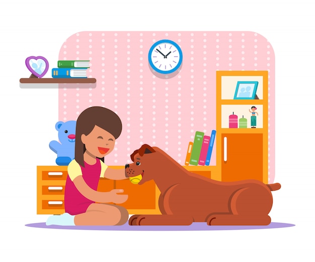 illustratie van meisje speelt met haar hond thuis