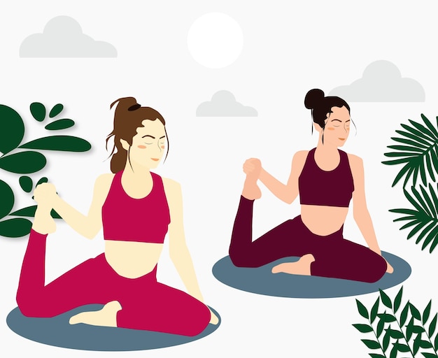 Illustratie van meisjes die yoga en training doen in fitnessbeweging buitenshuis met bladachtergrond