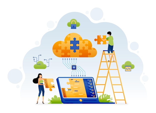 Illustratie van mensen die problemen oplossen met technische cloudsystemen met samenwerking en samenwerking bij app-ontwikkeling Ontwerp kan zijn voor bestemmingspagina website poster banner mobiele apps web sociale media advertenties