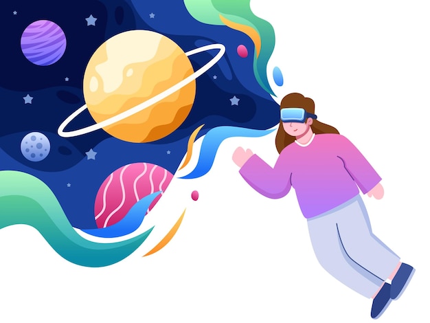 Vector illustratie van mensen die virtual reality-headsets dragen en planeet en melkweg zien