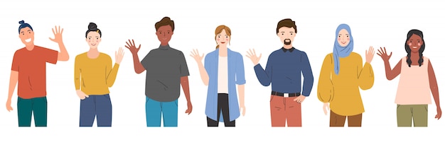 Illustratie van mensen groet gebaar, zwaaiende hand, hallo zeggen. mannen en vrouwen in verschillende landen. diversiteit mensen. hand getekend modern