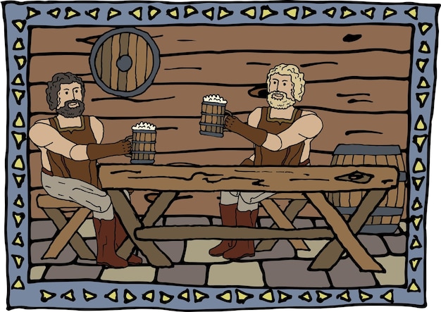 Illustratie van middeleeuws bier drinken in een gestileerd kader Middeleeuwen smidse winkel bier