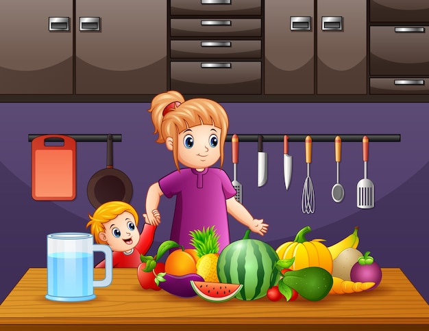 Illustratie van moeder en zoon bij de keuken