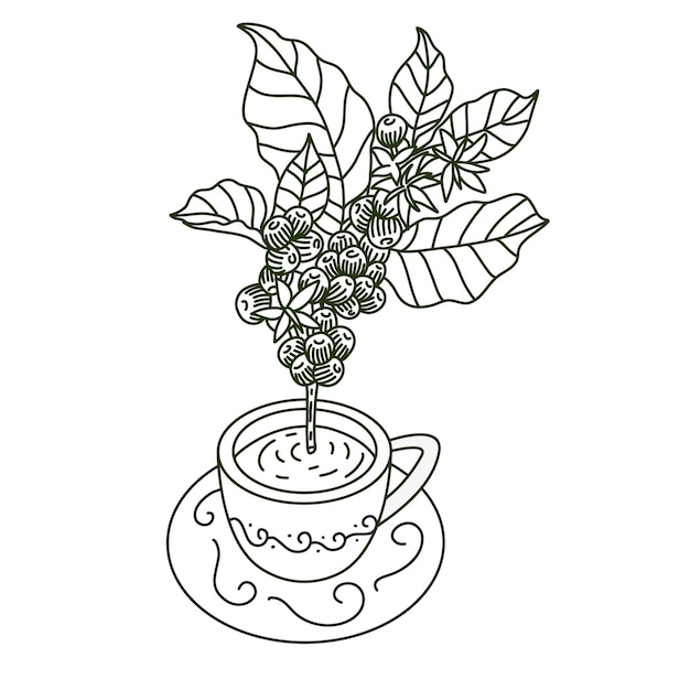 illustratie van mokken en koffiebladeren met lineart