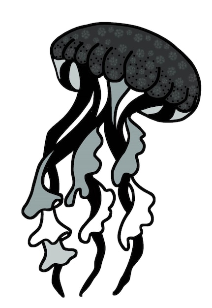 Illustratie van monochrome zwart-witte kwallen met golvende tentakels.