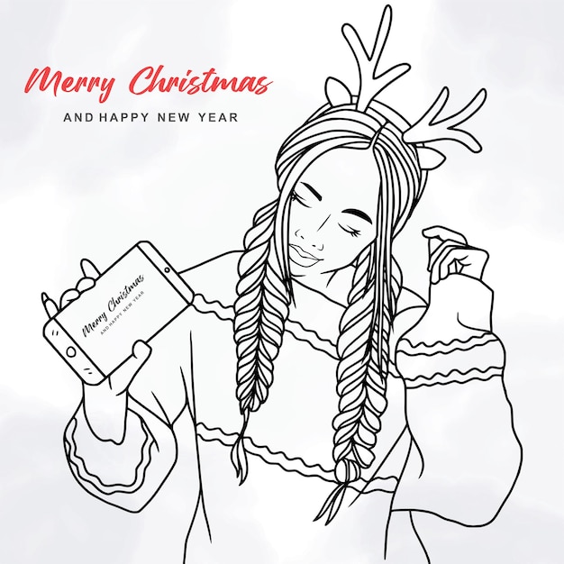 Vector illustratie van mooie vrouw met behulp van rendieren hoofdband en smartphone op kerstthema in lijn ar
