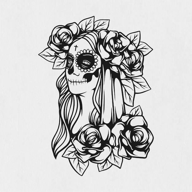 Illustratie van Muertos-meisje en bloemen over dia de los muertos