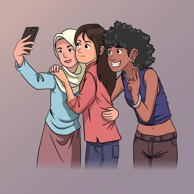 illustratie van multi-etnische vrienden die wefie doen