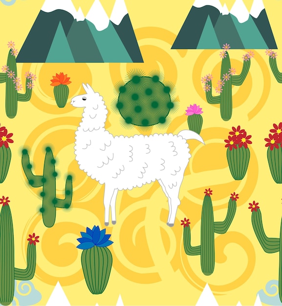 Illustratie van naadloos patroon met schattige cartoon lama alpaca met cactus en ontwerpelementen op roze achtergrond in platte cartoonstijl