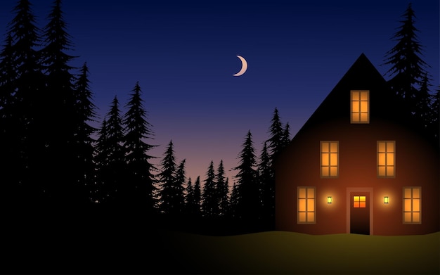 Vector illustratie van nacht met huis in dennenbos