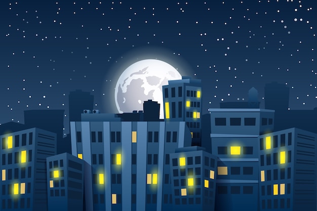 Vector illustratie van nachtcityscape met de maan