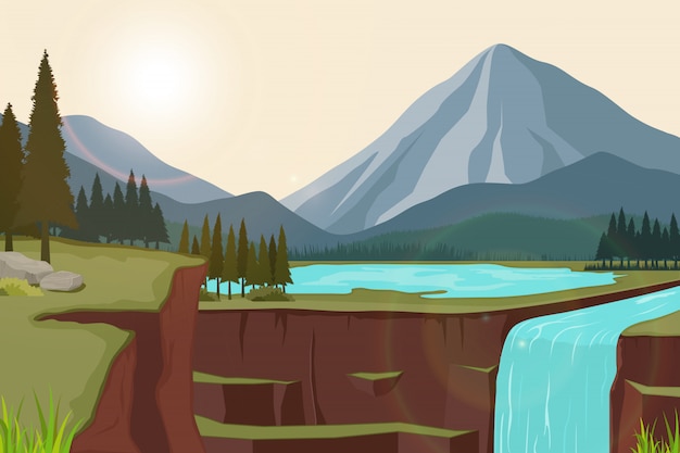 illustratie van natuurlijke landschappen van bergen met meren en watervallen