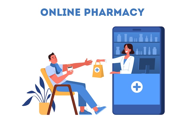 Illustratie van online apotheekwinkel. concept van het online kopen van medicijnen. mobiele service.