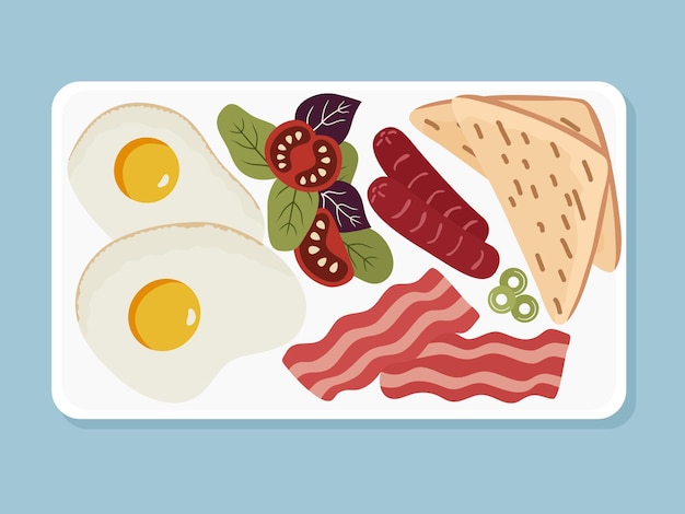 Illustratie van ontbijt met eieren, worstjes, spek en toast op een bord in vlakke stijl