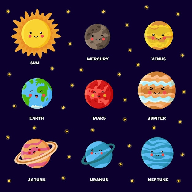 Illustratie van planeten van het zonnestelsel met namen. zon en planeten in cartoon-stijl.