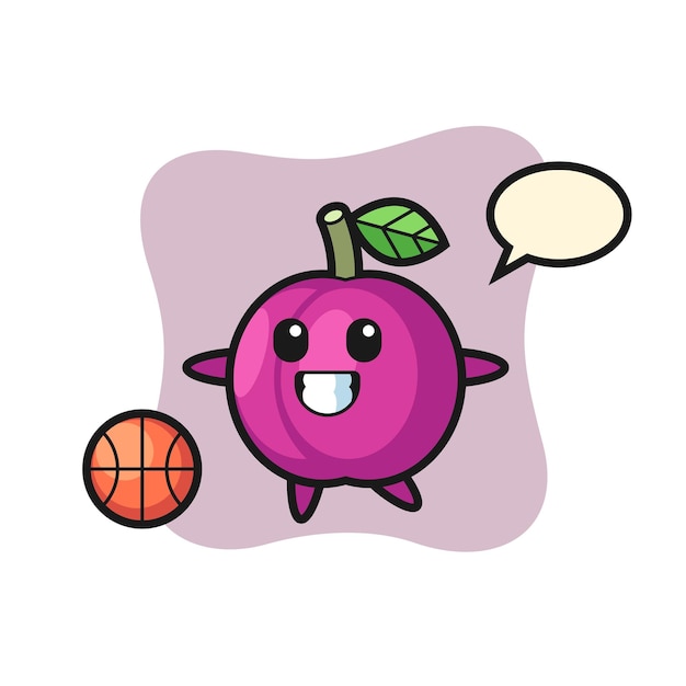 Illustratie van pruimenfruit cartoon speelt basketbal