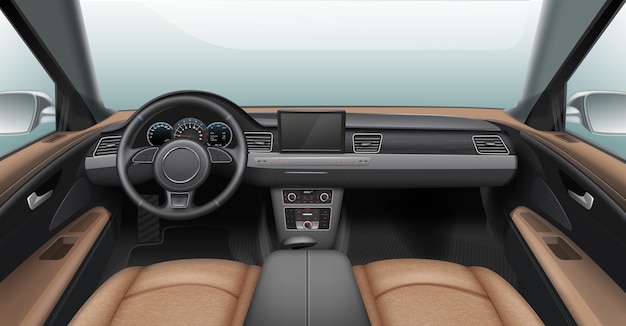 Vector illustratie van realistisch auto-interieur met lichte lederen stoelen en grijs dashboard