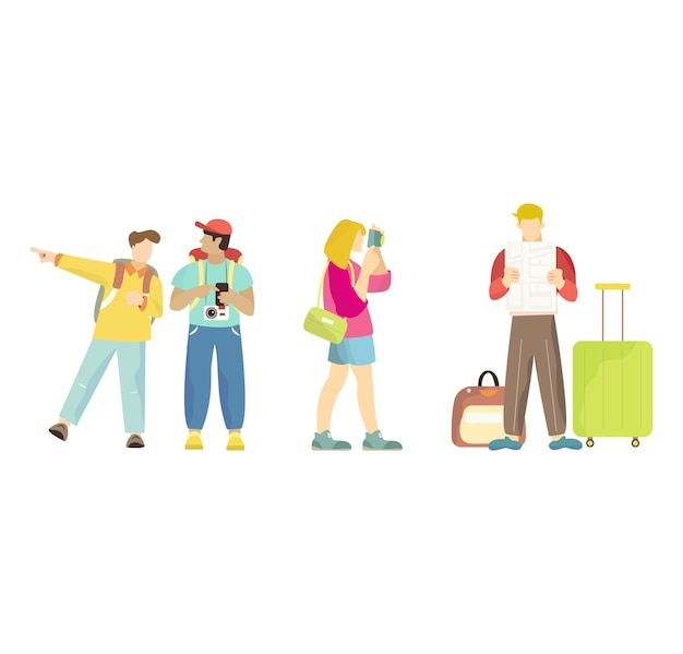 illustratie van reizende mensen met accessoires, camera's en koffers. Toeristische karakters.