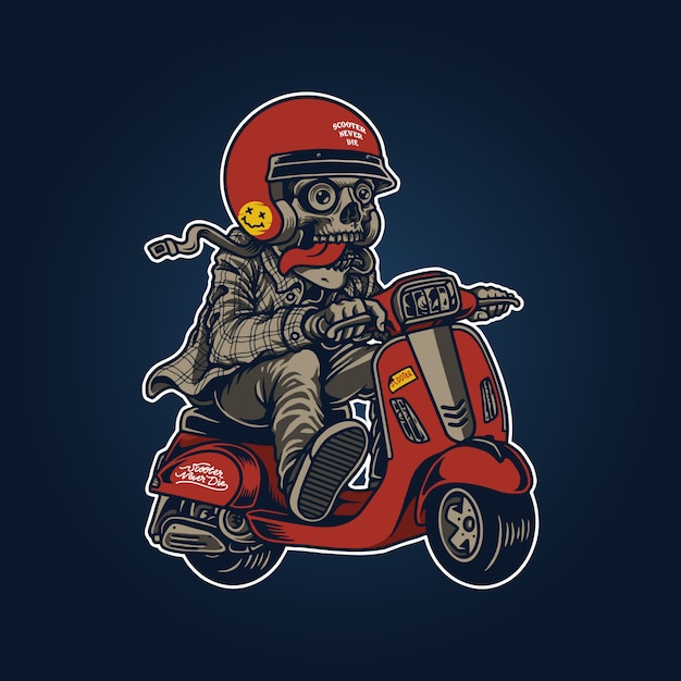 Vector illustratie van retro schedel met scooter