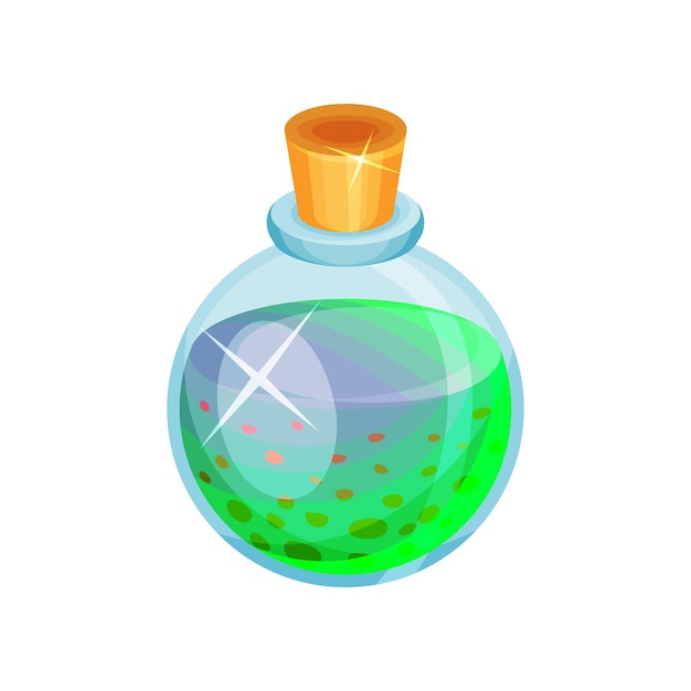 Illustratie van ronde glazen fles met drankje Giftige blauwgroene vloeistof Magisch elixer Grafisch element voor mobiel spel Cartoon vector design Kleurrijk pictogram in vlakke stijl geïsoleerd op witte achtergrond