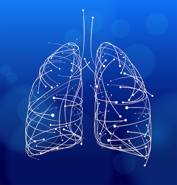 Vector illustratie van rondingen en punten die zijn gerangschikt om de vorm van een menselijke long te vormen op een donkerblauwe achtergrond