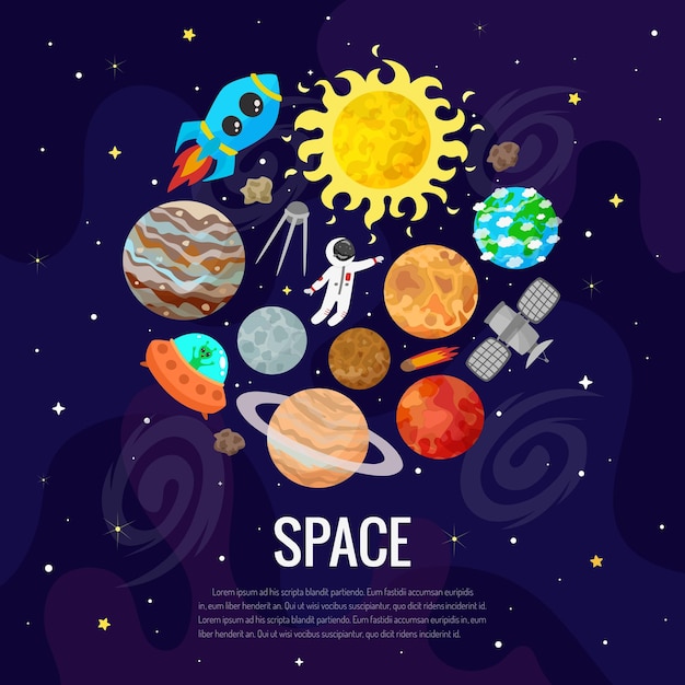 Illustratie van ruimte, universum. leuke cartoonplaneten, asteroïden, kometen, raketten. kinderen illustratie.