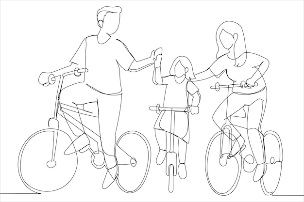 Illustratie van samen reizen met het gezin Ecotoerisme per fiets Kunststijl met één regel