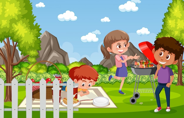Illustratie van scène met kinderen eten in het park