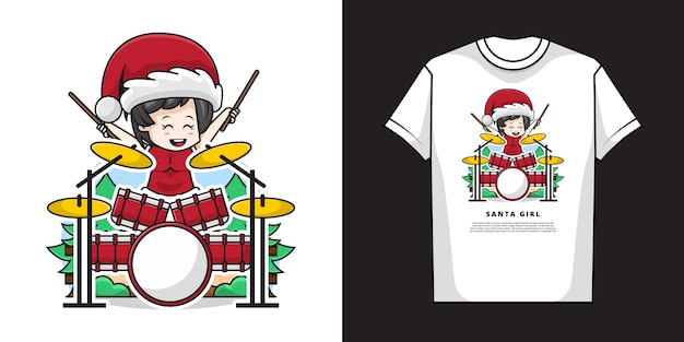 Illustratie van schattig meisje dragen kerstman kostuum en drummen met t-shirt design