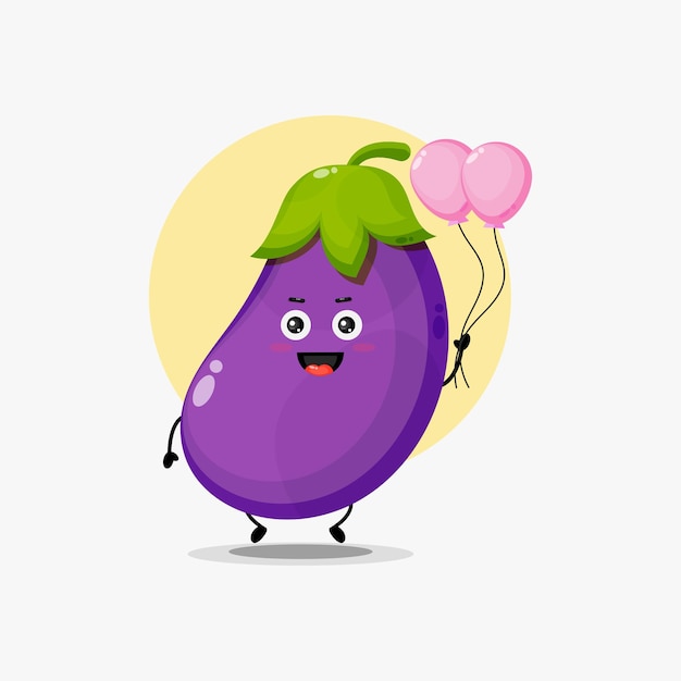 Illustratie van schattige aubergine karakter dragende ballon