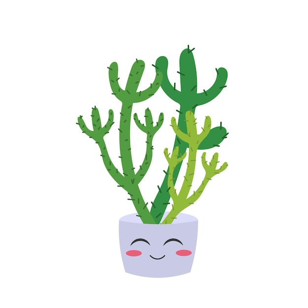 Vector illustratie van schattige cartooncactus met grappig gezicht in pot kan worden gebruikt voor kaartuitnodigingen of zoals sticker