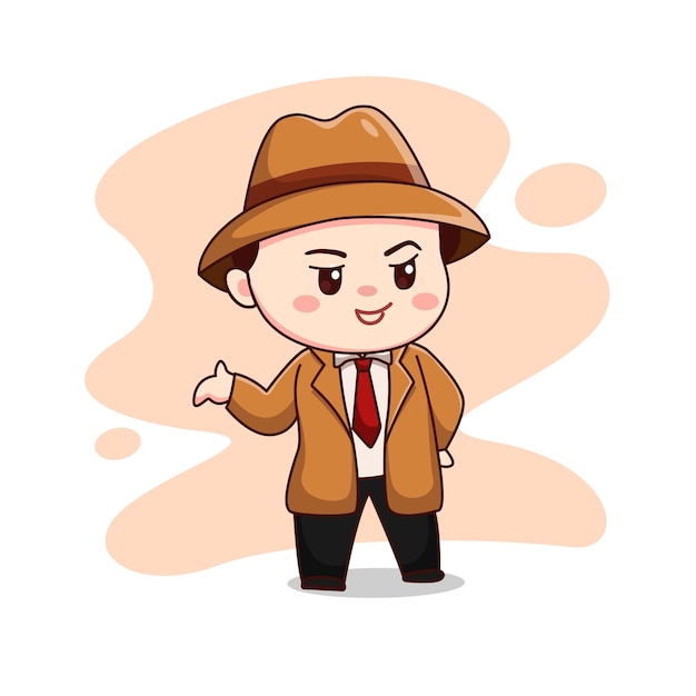 Illustratie van schattige detective met hoed en bruin pak chibi stripfiguur