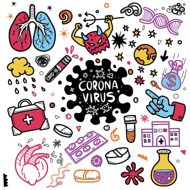 Illustratie van schattige doodle voor covid-19 coronavirus, hand getrokken illustratie