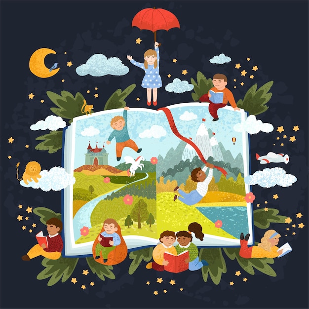 Vector illustratie van schattige kinderen die een boek lezen verhaaltjes voor het slapengaan lezen het sprookjesboek