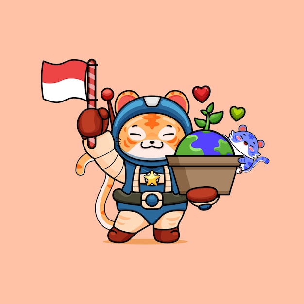 Illustratie van schattige tijger met aardeplant en vlag van indonesië